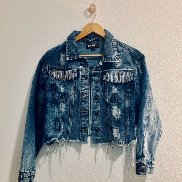 Rhinestone Tasseled Jean Jacket - Picture 1 of 5